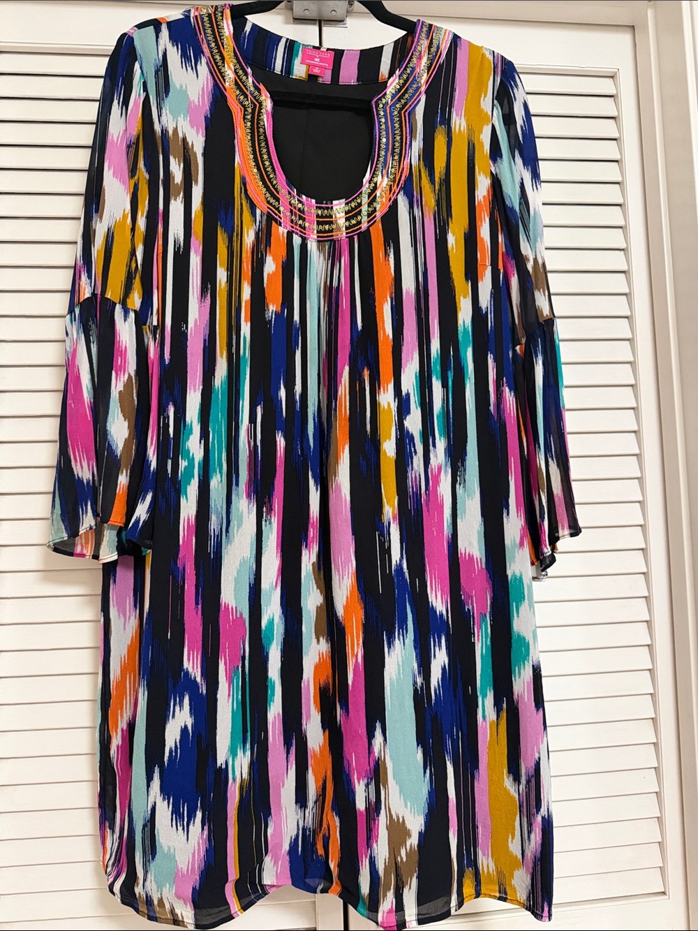 Beaded Scoop Neck Multi-Color Stripe Print Tunic